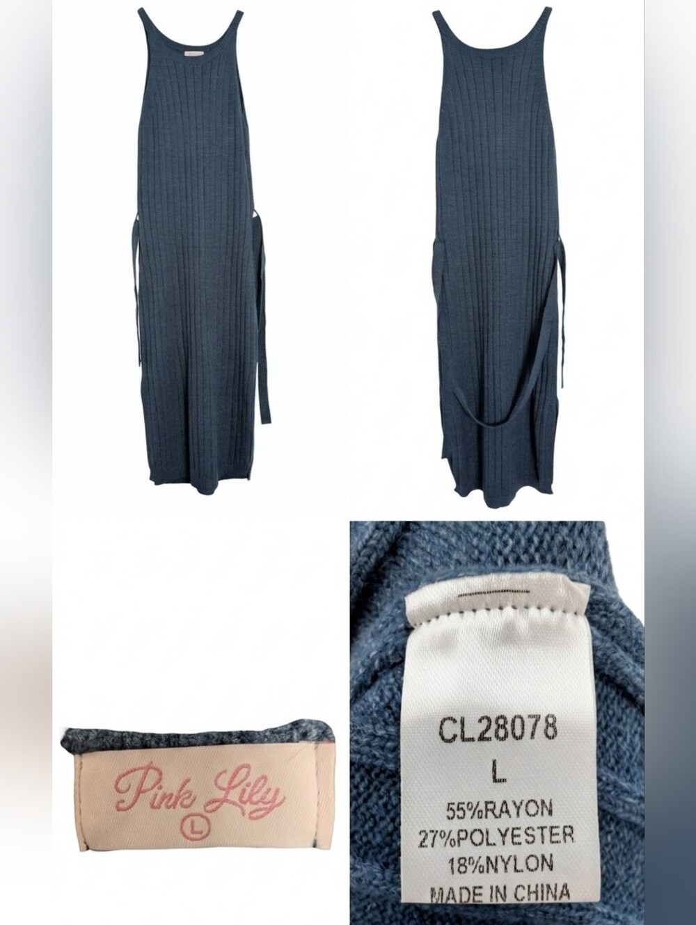 Pink Lily Ribbed Slate Blue Maxi Skirt with Side Ties